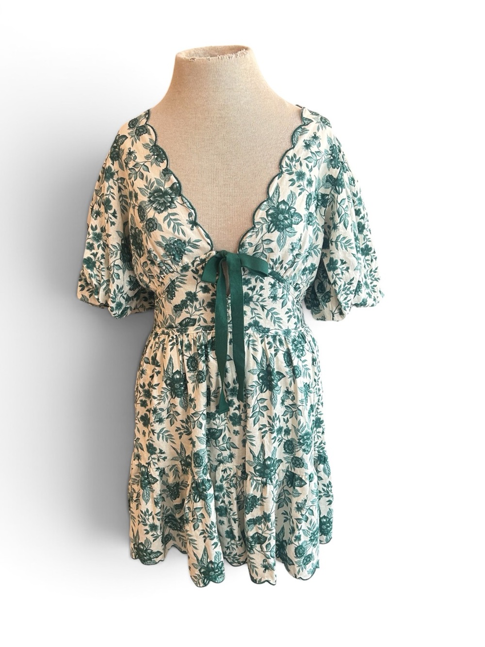 House of Harlow 1960 NWT Cream Mini Dress with Green Floral Print Puff Sleeves 6